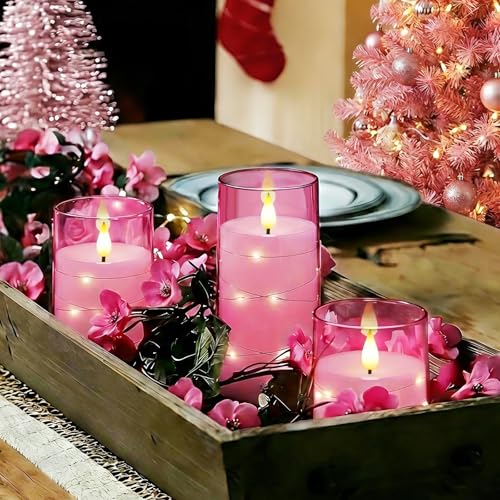 Image of Homemory Flickering Flameless Candles, Pink LED Pillar Candles with Remote | Acrylic Battery Operated Timer Candles with Embedded Star String Lights for Dating, Christmas & Indoor Holiday Home Decor