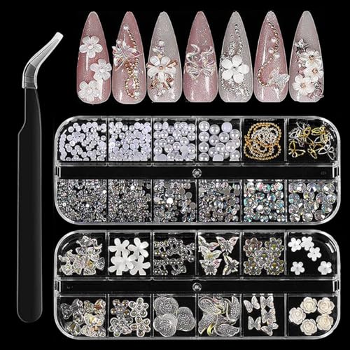 MAYCREATE 3D Nail Charms Crystal Nail Gems for Art,Crystal Bow Art Gems Flat Jewels Decorations Aurora Flowers Chains Stuff for Decoration Design DIY Crafting, Multicolor