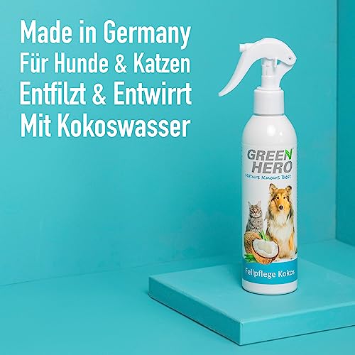 Green Hero Fellpflege Spray Kokos für Hunde & Katzen 250 ml - Entfilzungsspray für Hundepflege & Katzenpflege - Pflegespray mit Kokoswasser gegen Verfilzungen - Langhaar & Kurzhaar