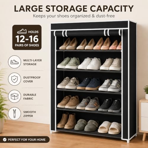 Image of Cozmira 4 Layer Foldable Shoe Rack with Dustproof Cover | Large Capacity Shoe Organizer for Home, Bedroom, Entryway & Closet | Plastic Frame & Durable Fabric Storage Cabinet (Black, 55 x 30 x 72 cm)