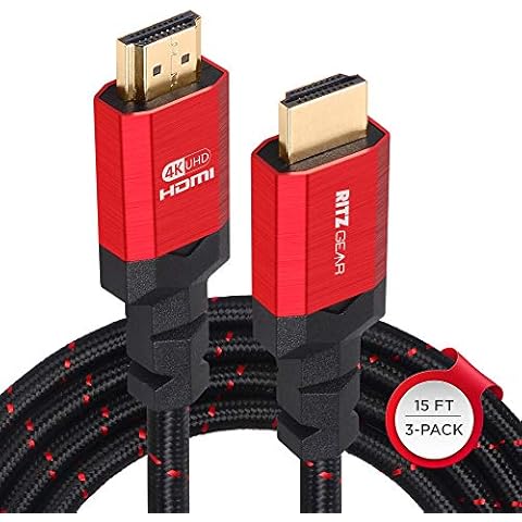 Ritz Gear 4K HDMI Cable 15 ft Braided Nylon Cord & Gold Connectors Cover
