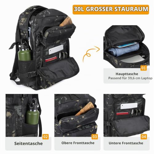 HUNTVP Militär Rucksack Herren 30L Taktischer Rucksack Molle Wanderrucksack Tactical Backpack Sportrucksack Bundeswehr Wasserdicht Daypack… – Ansicht 2