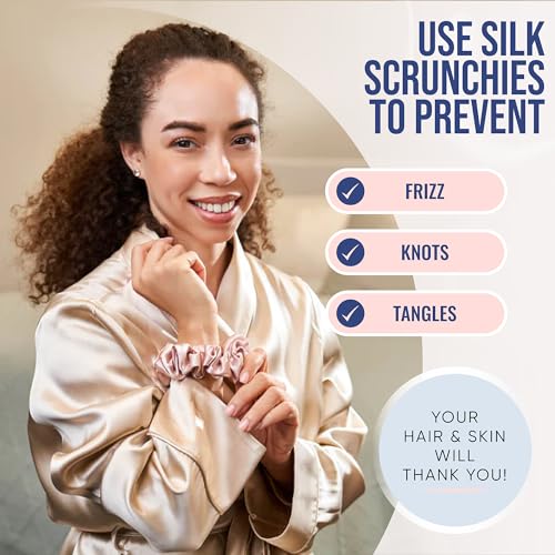Image of Blissy Silk Scrunchies (3 Pack) - 100% Pure Mulberry Silk - 22 Momme 6A High-Grade Fibers Scrunchie for Straight & Curly Hair - Preventing Breakage, Tangling, & Creasing (Pink Regular)