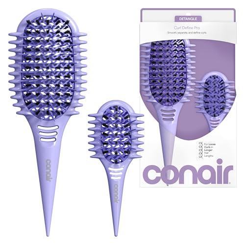 Image of Conair Curl Define Detangler Brush Set, Large & Mini, Loose Curls, Purple | 2-piece hairbrush set, large & mini, ideal curl brush for loose curls