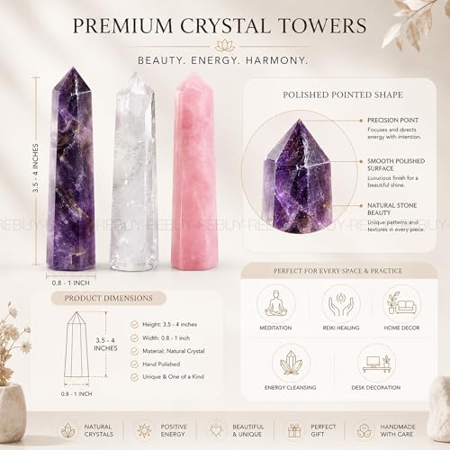 Image of REBUY Amethyst, Rose Quartz, Clear Quartz Crystals Pencils Wand Set for Reiki Healing and Grid Making Set Of 3