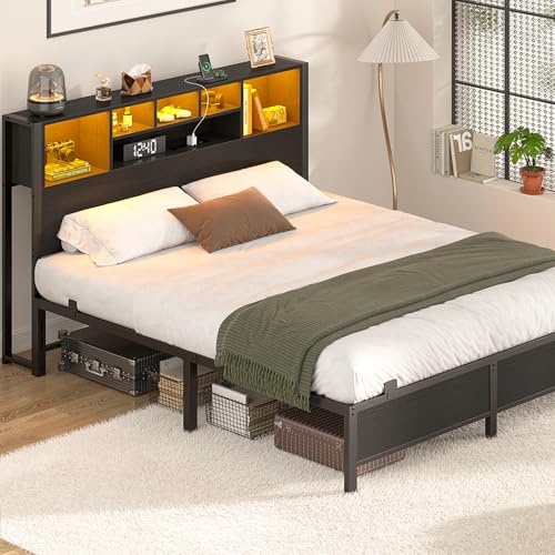 Homieasy Full Size Bed Frame with Bookcase Headboard, Metal Platform Bed Frame Full Size with Charging Station and LED Light, Heavy Duty Metal Slats, No Box Spring Needed, Noise-Free, Black