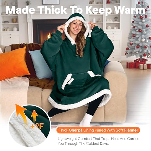 Giggling Getup Wearable Blanket Hoodie for Women Men Gifts for Women Mom Wife Sherpa Fleece Hooded Blanket Sweatshirt Cozy Sherpa Wearable Throw with Pocket & Sleeves for Adult Standard Forest Green