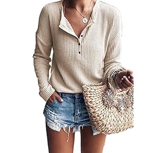WNEEDU Women’s Waffle Knit Tunic Tops Loose Long Sleeve Button Up V Neck Henley Shirts