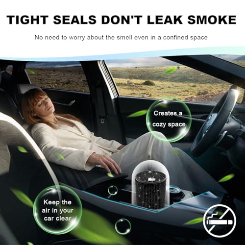 Image of Car Cigarette Ashtray with Lid, Stainless Steel Bling Crystal Diamond Smokeless Fireproof Vehicle Ashtray Holder, Portable Sparkling Ashtray Cup Holder for Car Home Office (Black)