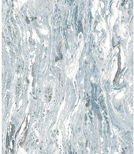 RoomMates RMK11279WP Marble Seas Metallic Blue Peel and Stick Wallpaper, Roll, Blue