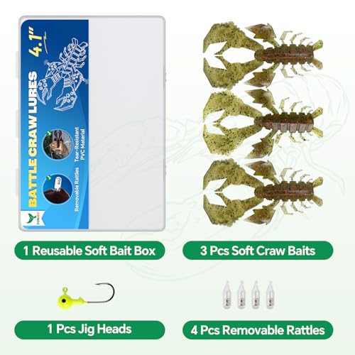Image of Battle Craw Soft Plastic Crawfish Lures Kit with Removable Rattles | Salt Infused Creature Bait for Bass Fishing, Texas Rig & Jig Trailer Lure in Tackle Box, Realistic 1:1 Claw-to-body 4.1 /5.5in