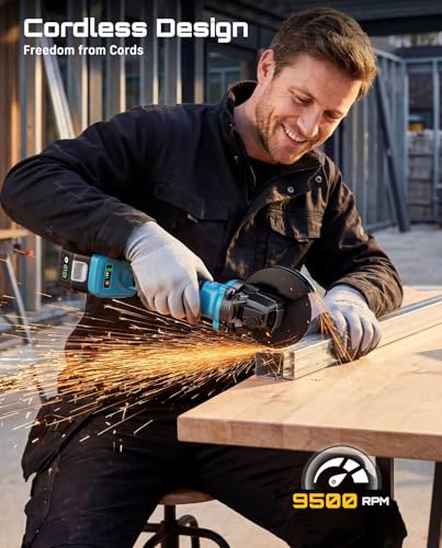 Image of SEESII Angle Grinder Cordless 21V, 9500RPM Battery Grinder Tool, Brushless Motor, 2X 4.0Ah Batteries, Lightweight Design, 4-1 /2 inch Power Electric Grinder Kit for Metal Cutting, Grinding