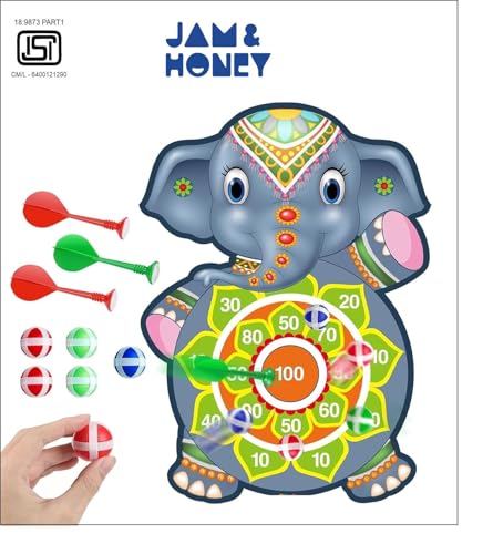 Image of Amazon Brand - Jam & Honey Dart Game for Kids Cartoon Target Game Toy Sets Dart Board with 5 Velcro Balls and 1 Hanger -Children's Indoor Outdoor Sport Game Toys Gifts (Elephant (5 Balls and 3 Darts))