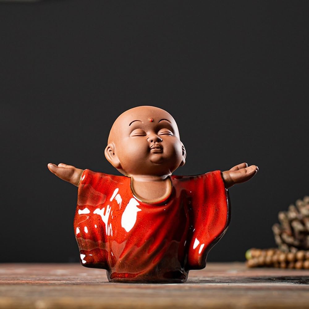 YUZDNM Buddha Monk Statue, Ceramic Chinese Little Monk Tea Pet, Meditation Positive Zen Monk Tea Pet for Home Office Decor, Microlandscape Decoration Supplies(Red)