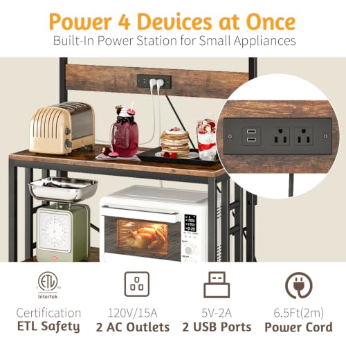 Image of Baker's Rack with Power Outlet, 5-Tier Adjustable Shelf with Storage, Brown | LED Lights,Kitchen Coffee Bar Storage,Microwave Stand with Storage,Spice Organizer for Kitchen, Dining Room and Office