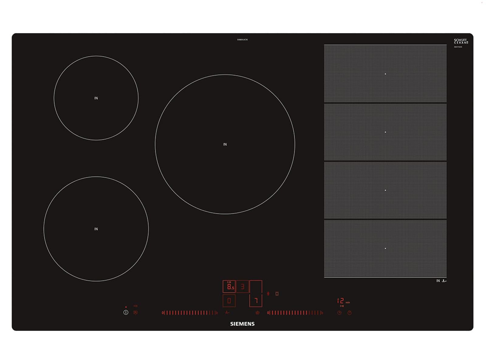 Siemens EX801LVC1E hobs Negro, Acero inoxidable Integrado Con - Placa (Negro, Acero inoxidable, Integrado, Con placa de inducción, Vidrio y cerámica, 2200 W, 14,5 cm)
