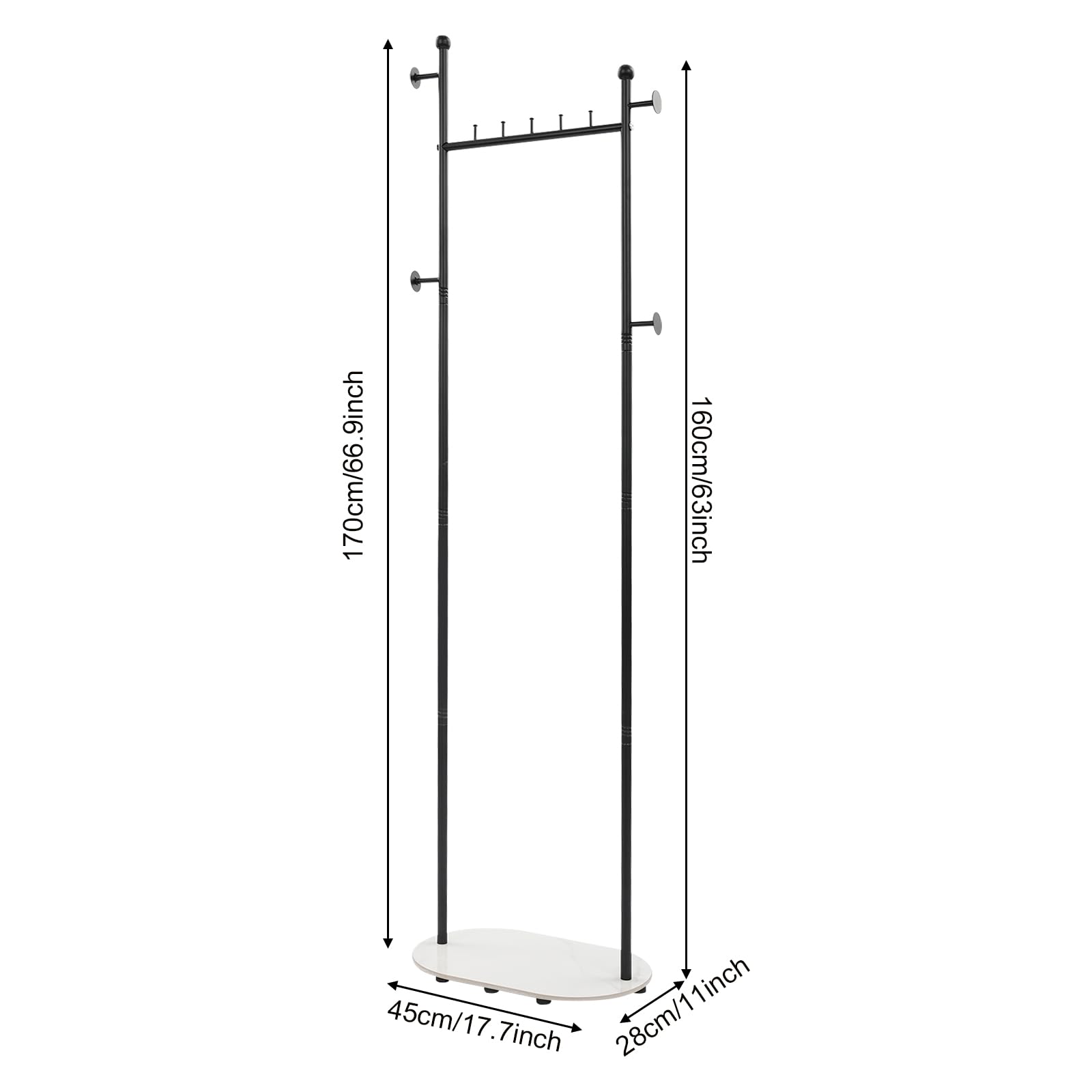 Freistehender Kleiderständer Garderobenständer, Schwarz | Kleiderstange Stabil, 5 Horizontale Haken, 4 Seitliche Haken, Für Kleidung, Hüte, Taschen