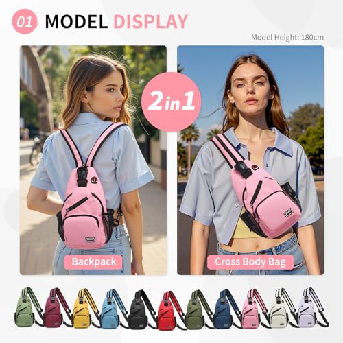 Image of Convertible Sling Bags for Women Men, Lightweight Crossbody Backpack Daypack Fit for 7.9 inch Tablet for Casual Travel Sport Hiking (Pink)