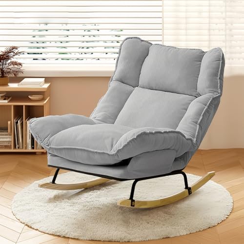 Image of Rocking Chair with Adjustable High Backrest, Extra-Wide Upholstered Glider Rocker, Comfy Corduroy Accent Chair for Living Room Bedroom