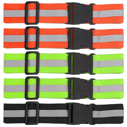 5pcs PT Glow Reflective Belt Running Sash, Lights Vest Waist Straps Reflecting Gear for Walking Cycling At Night Safety Visibility Fit Women Men Kid, Lightweight Adjustable, 1 Black, 2 Orange, 2 Green