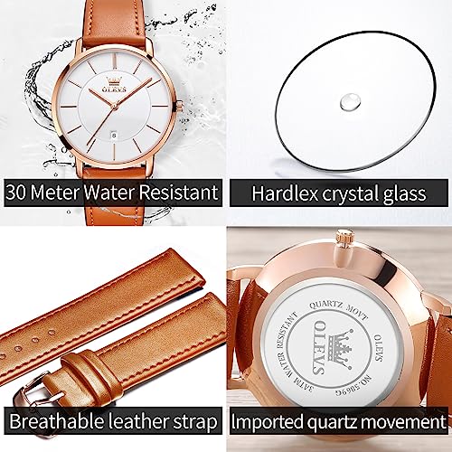 Image of OLEVS Mens Watches Minimalist Ultra Thin Fashion Casual Analog Quartz Date Watch Waterproof Slim Simple Big Face Dress Wrist Watch with Retro Leather Band for Men