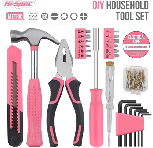 Image of Hi-Spec 25-Piece Small Tool Kit with Knife and Hex Key Included: Basic Essential Tool Set for Home, Office, and College (Pink)