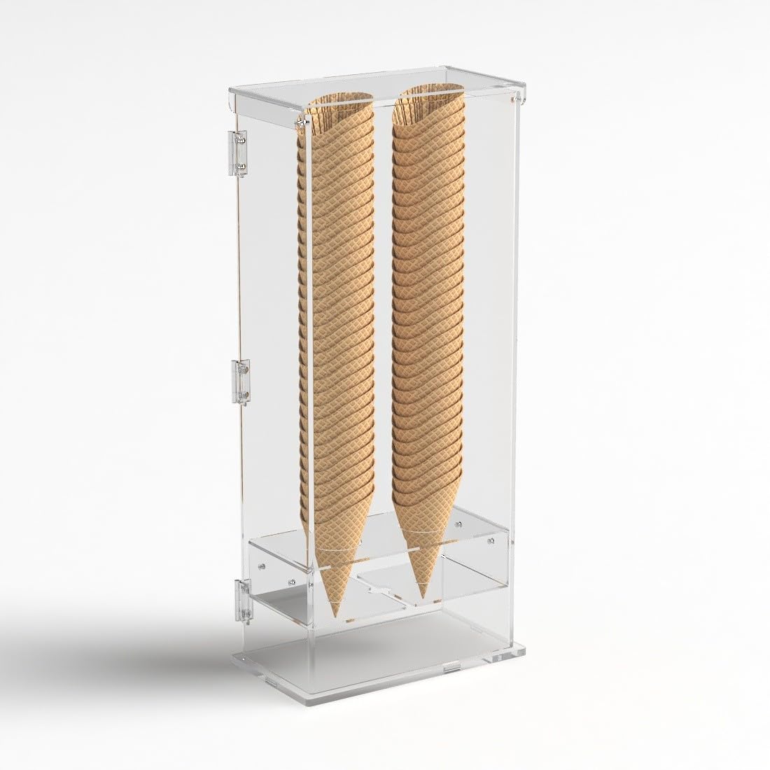 Porta coni gelato per cialde grandi in plexiglass trasparente a 2 fori con sportello - Misure: 27 x 13 x H61 cm