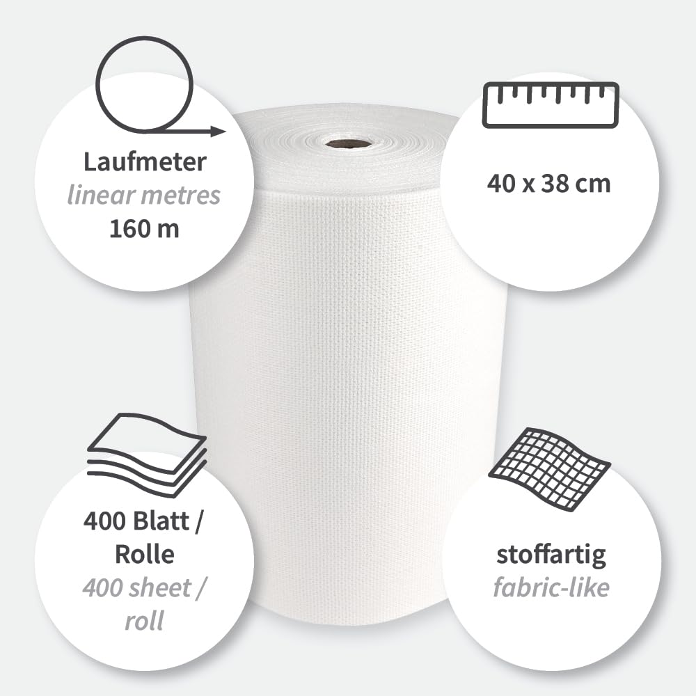 400 Stück Franz Mensch Reinigungstücher Hygotex auf Rolle weiß | Viskose, L: 40 cm, B: 38 cm, Kerndurchmesser: 3,5 cm, Laufmeter: 160 m, 400 Abrisse, Karton, Putztücher, Poliertücher