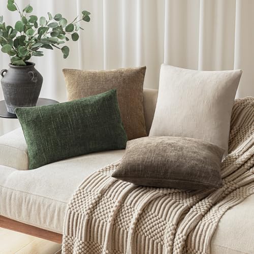 Image of Foindtower Pack of 2 Textured Chenille Throw Decorative Pillow Covers Square Accent Solid Cushion Cover Neutral Farmhouse Lumbar Pillow Case for Couch Sofa Bedroom Living Room 12x20 Inch,Dark Green