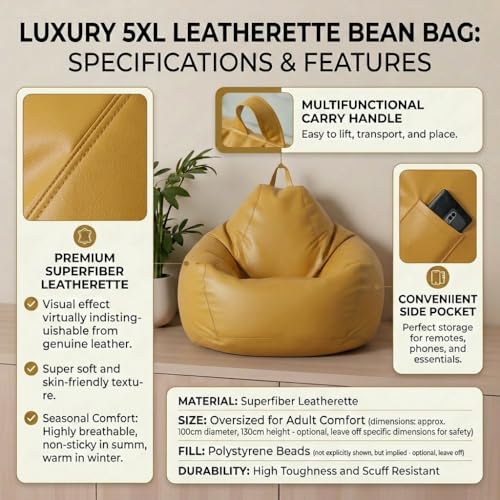 Image of KAM'S LIEU 5XL Bean Bag Combo with Footrest & Cushion | Filled with High Density EPS Beans | Comfortable Sofa for Living Room & Bedroom | 6 Months Warranty, Color- (Yellow, 5XL, Classic)