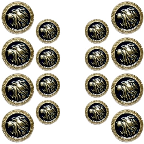 Image of Abs Golden 3D Lion Head Shank Button Embedded Enameled Lucite Round Abs Button for Blazer Suits Coat Bandhgala DIY Art & Crafts (Pack of 16 (8 Big + 8 Small), Blue Lucite)