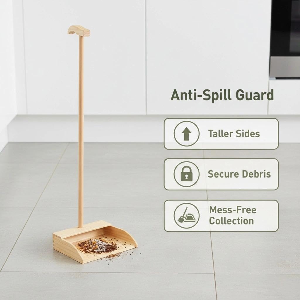 Wooden Dustpan – Long Handle Standing Dust Pan for Home, Lobby, Shop, Garage & Yard