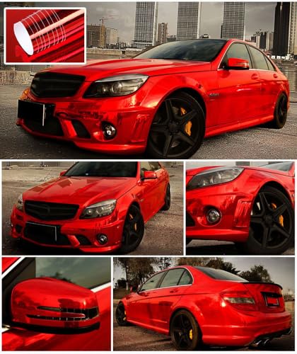 Image of LZLRUN 1FT x 5FT Chrome Mirror Vinyl Wrap Adhesive Car Sticker Decal Film (Red, 2 Inches x 30 FT)