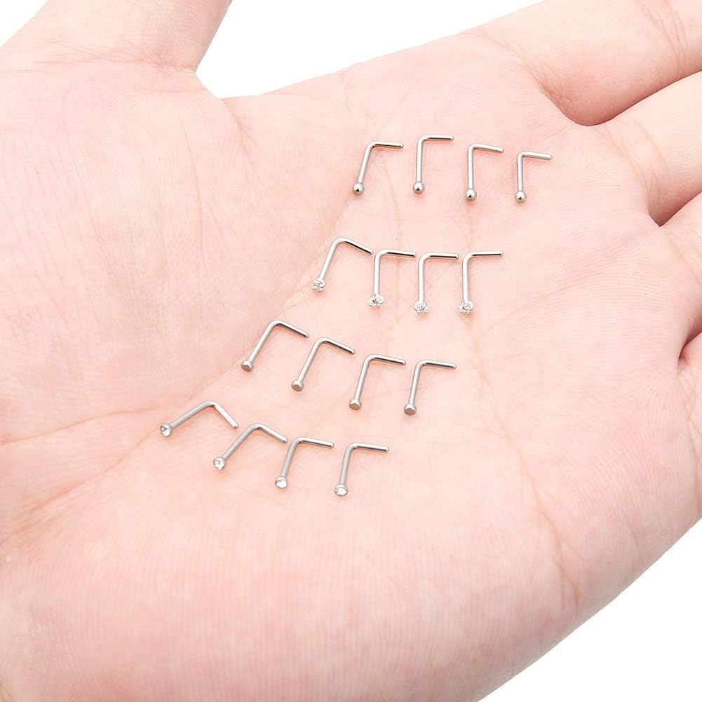 Hoeudjo Nose Studs Surgical Steel Cubic Zirconia Nose Rings Piercing Kit for Women Men Screw & Bone & L Shaped Nostril Rings Jewelry 20 Gauge 16 Pieces - Image 3