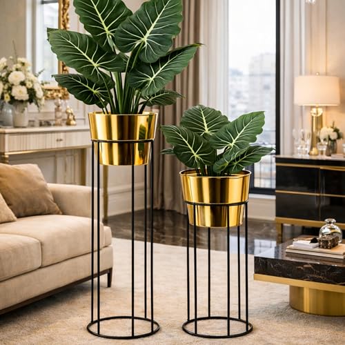 Image of Modern Metal Floor Planter Stand Set of 2 - Tall Gold & Black Indoor Plant Holders with Iron Stands for Living Room, Balcony, Office & Home Decor