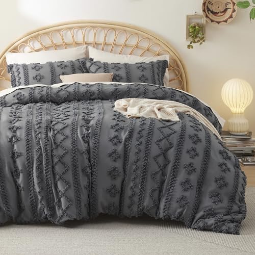 Image of Bedsure Boho Duvet Cover Queen Size, Soft & Comfortable Elegant Design Boho Bedding for Decoration, Machine Washable Comforter Cover for All Seasons,Includes 1 Duvet Cover & 2 Pillow Shams,Dark Grey