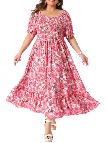 Image of Agnes Orinda Plus Size Dress for Women Short Sleeve Shirred Square Neck Floral Maxi Long Dresses
