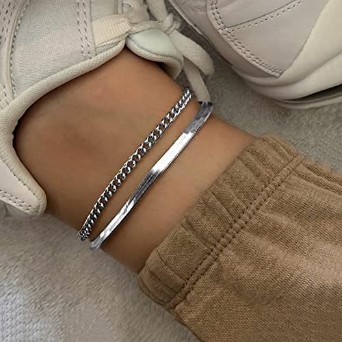 Image of FOCALOOK 14K Gold Plated Anklets for Women Waterproof Plus Size Ankle Bracelet 8.5-10.5 Inch Adjustable Mariner /Figaro /Flat Snake /Cuban Link Chain Anklet Jewelry for Summer Beach Holiday