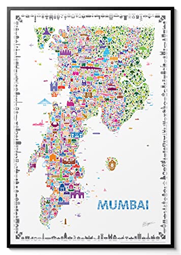 Alfalfa NY Iconic Mumbai 19x27 Inch Unframed Wall Art Poster – Colorful Art Print of Bombay for Home or Office Wall Décor – Unique Vintage Style Art Map and Signed by Artist