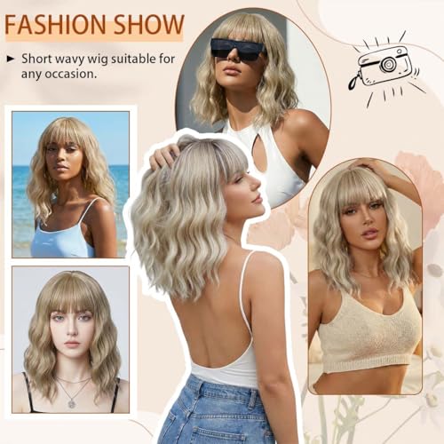 Image of Pastel Dark Blonde Wavy Bob Wig for Women, Short Shoulder Length Synthetic Wig with Bangs, Matte Natural Realistic Look Lightweight Hairpiece, Blonde Color for Daily Wear & Cosplay Costume