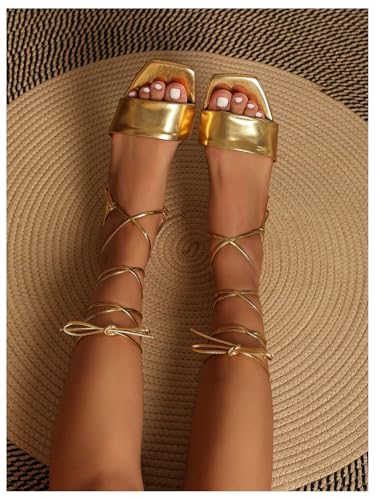 GORGLITTER Women's Criss Cross Strappy Lace Up Flat Sandals Metallic Square Open Toe Dressy Sandals2