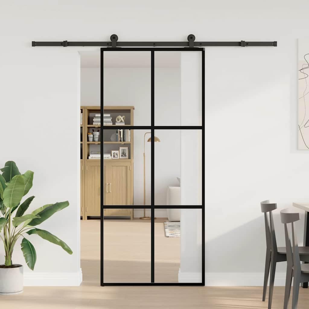 Juego completo de puerta corredera 90 x 205 cm vidrio templado aluminio negro | Puerta corredera de cristal para ahorrar espacio para dormitorio y sala de estar, incluye un sistema de rieles robustos.