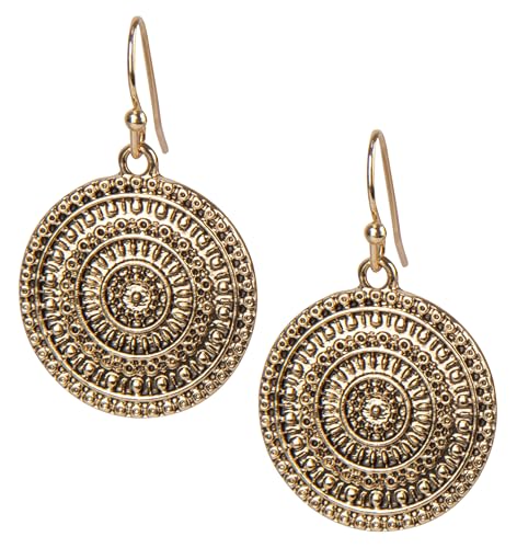 Boho Gold Hoop Drop Earrings with Lightweight Filigree Medallion Charm – 1.75 Inch Vintage-Inspired Dangle Earrings – Festival, Everyday, or Gift Jewelry for Women