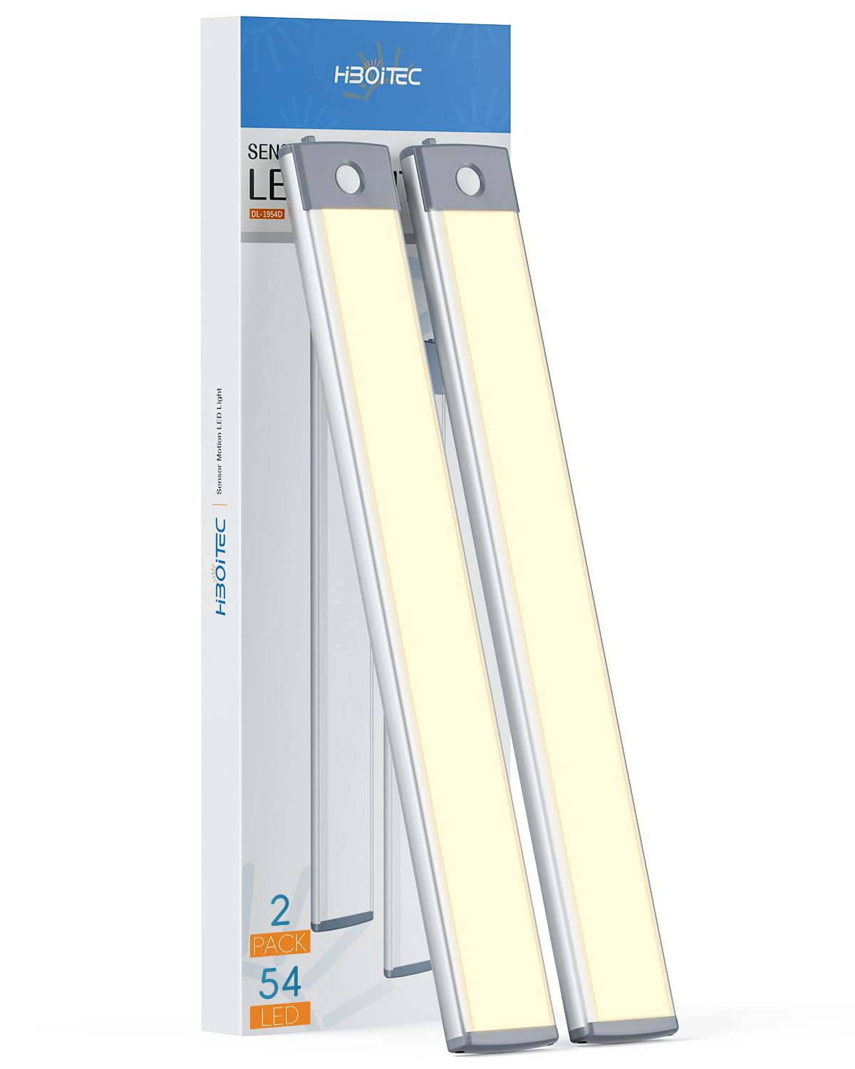 HIBOITEC Motion Sensor Cabinet Light 2500mAh 2 Packs Rechargeable 54LED Under Counter Closet Lighting, Wireless Night Light for Cabinet, Drawer, Wardrobe, Kitchen, Hallway