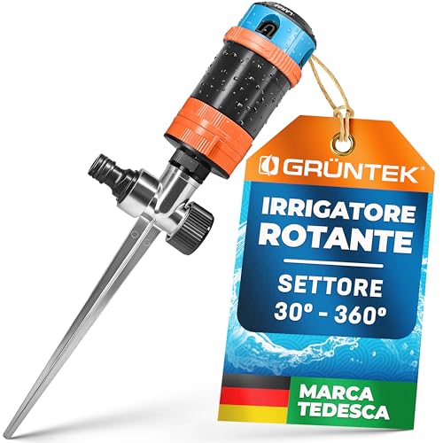 Irrigatore Giardino Rotante su picchetto GRÜNTEK. Irrigatore Circolare a settori 30°-360° per prato, giardino e superfici di grandi dimensioni. Collegamento in Serie possibile.