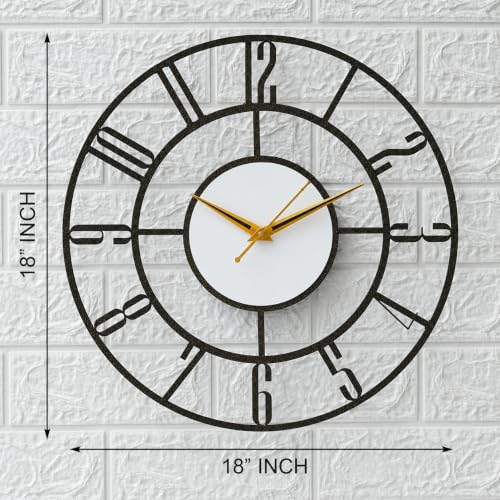 Image of Modern Mid-Century Metal Wall Clock with Large Number Cut-Out Design, Silent Sweep Movement, Golden & Black Hands, Antique Gold Texture, Powder-Coated Frame for Living Room, Bedroom & Office 18 Inch