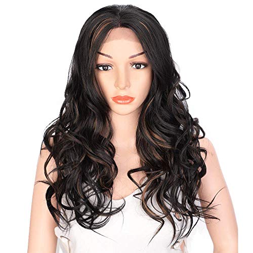 AISI QUEENS Long Wavy Lace Front Wigs for Women Brown Highlights Curly Wig Synthetic Heat Resistant Wigs for Daily Party Use (20 Inches)