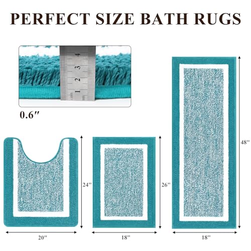 Pauwer 3 Piece Bath Mat Set, Non Slip Plush Bathroom Mats, Absorbent Shaggy Bathroom Rug Set with U-Shaped Contour Toilet Mat for Bedroom Living Room, Aqua Blue
