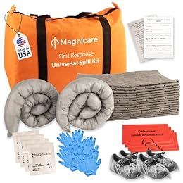Universal Spill Kit OSHA Approved - Biohazard Clean up Kit for Oil, Water & Chemicals | 15 Absorbent Pads, 2 Socks, PPE, Biohazard Bags in Bright Orange Duffel Bag