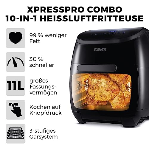 Tower T17076 Xpress Pro Combo 10-in-1 Digitale Heißluftfritteuse mit Schneller Luftzirkulation, 60-Minuten-Timer - Airfryer Airfryer Heißluftfritteuse XXL 11 l - 2000W - Schwarz – Bild 3